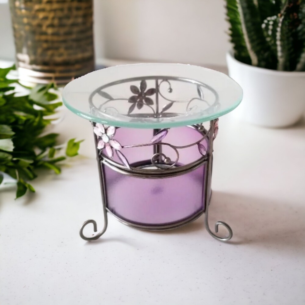 Purple Floral Aromatherapy Tea Light Oil Burner Glass Metal
